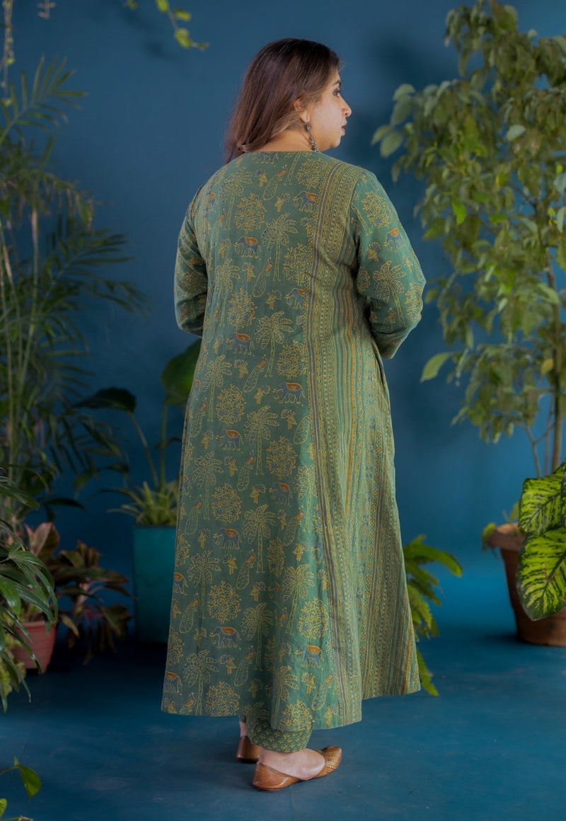 Vrinda Green Ajrakh Cotton Kali Kurta