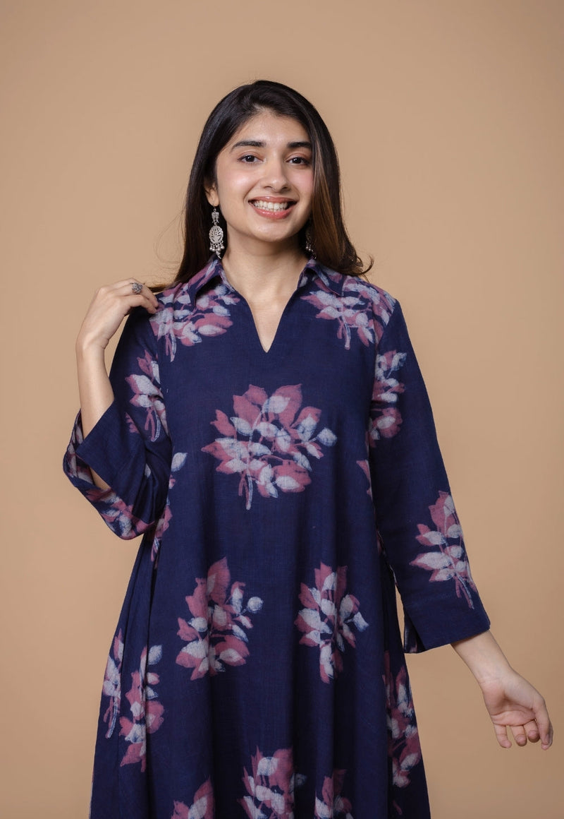 Drisha Purple Dabu Slub Cotton A Line Dress