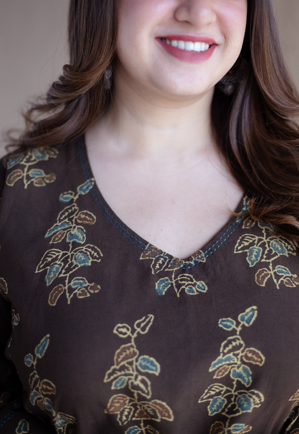 Saisha Brown Ajrakh Cotton Jhabbha Kali Kurta with Hand Embroidery