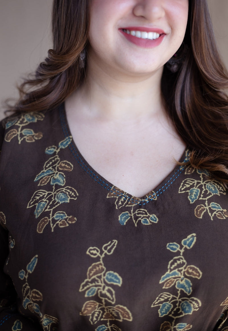 Saisha Brown Ajrakh Cotton Jhabbha Kali Kurta with Hand Embroidery