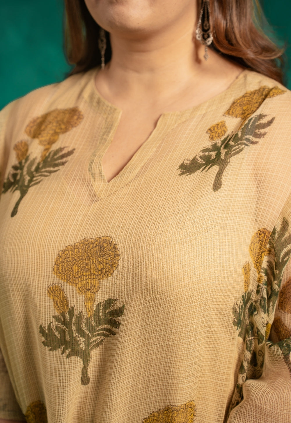 Nyra Beige Bagru Kota Doria Cotton Jhabbha Kali Kurta with Slip