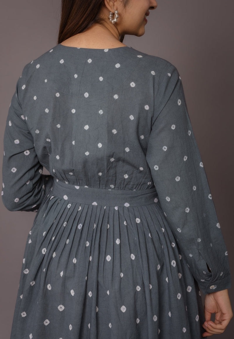 Kimaya Grey Bandhani Cotton A Line Dress