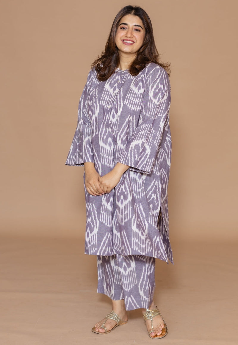Ayaat Grey Handloom Ikkat Cotton Straight Kurta