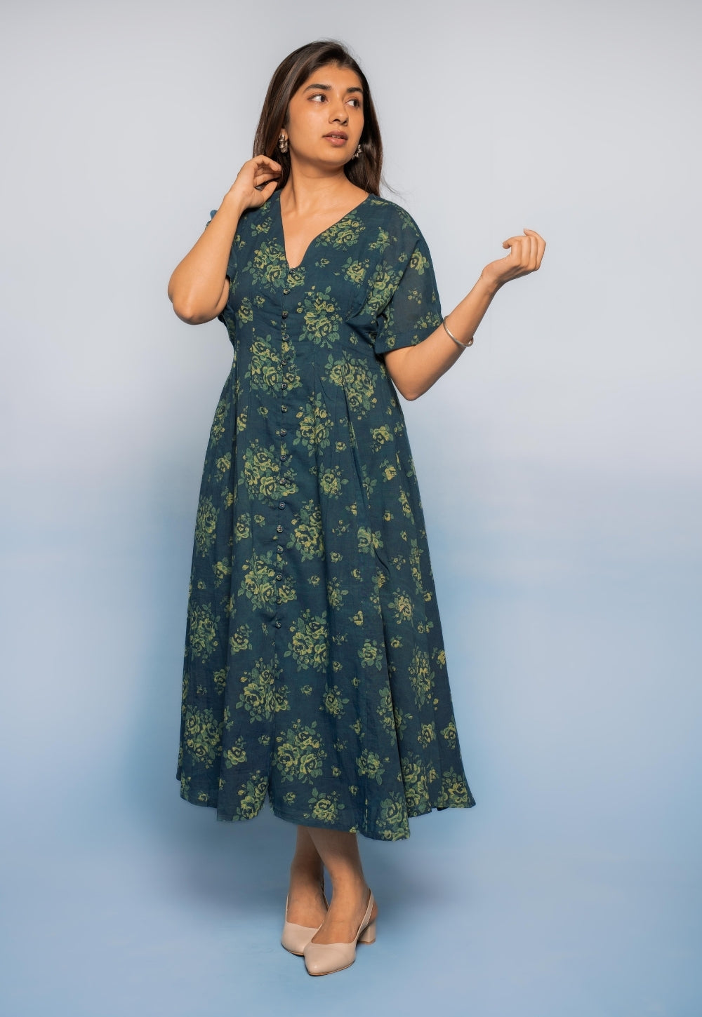 Reema Teal Blue Dabu Mul Cotton A Line Dress