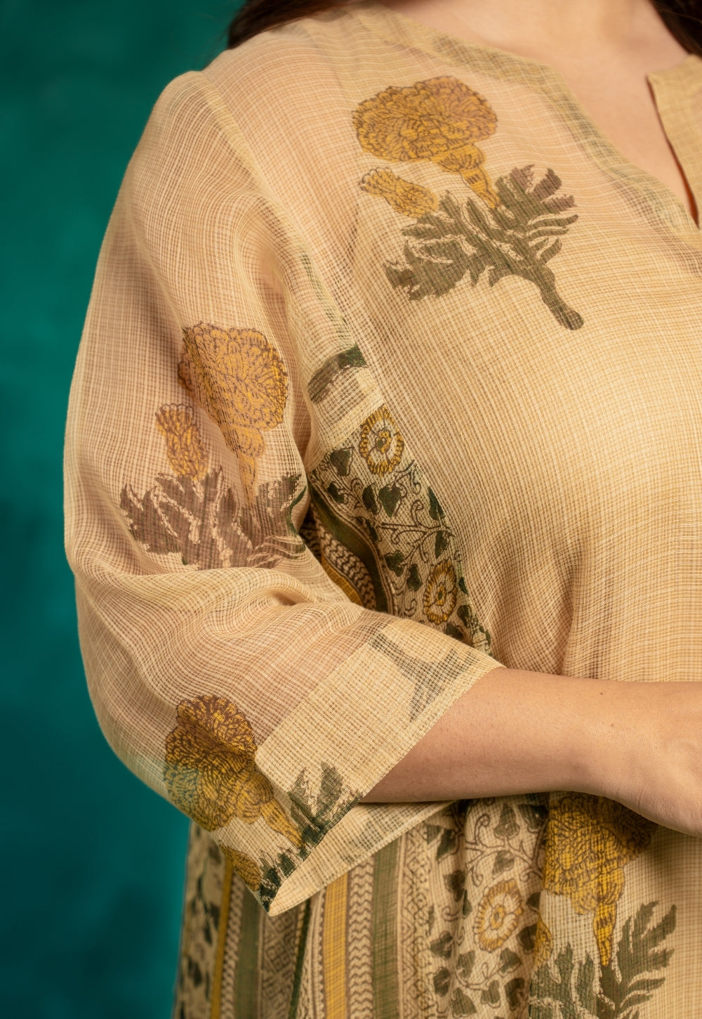 Nyra Beige Bagru Kota Doria Cotton Jhabbha Kali Kurta with Slip