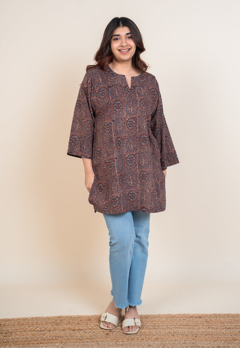 Aayra Red Ajrakh Cotton A Line Short Top
