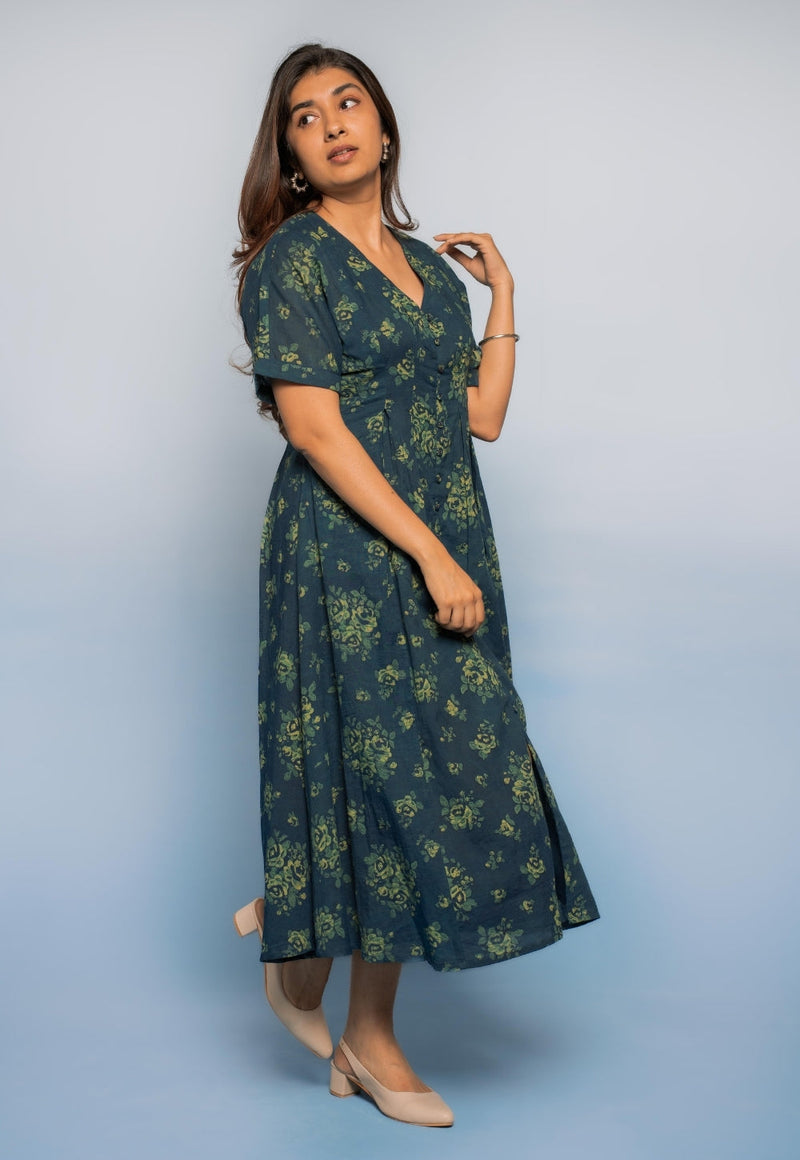 Reema Teal Blue Dabu Mul Cotton A Line Dress