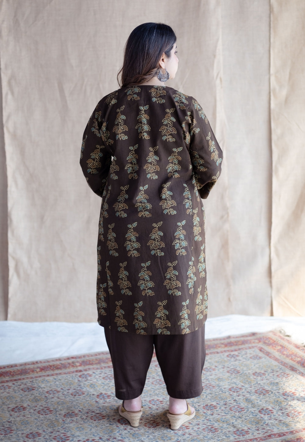 Saisha Brown Ajrakh Cotton Jhabbha Kali Kurta with Hand Embroidery