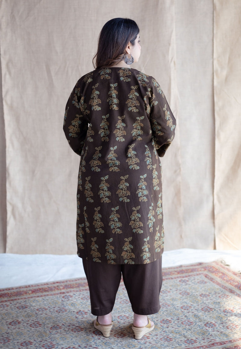 Saisha Brown Ajrakh Cotton Jhabbha Kali Kurta with Hand Embroidery