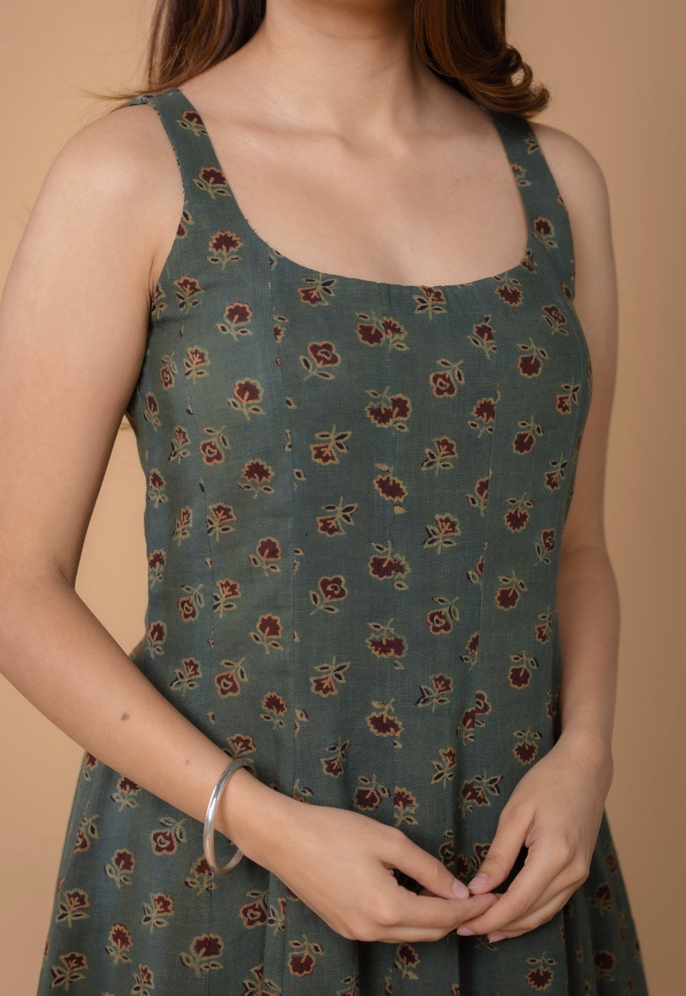 Jisha Green Dabu Slub Cotton A Line Dress