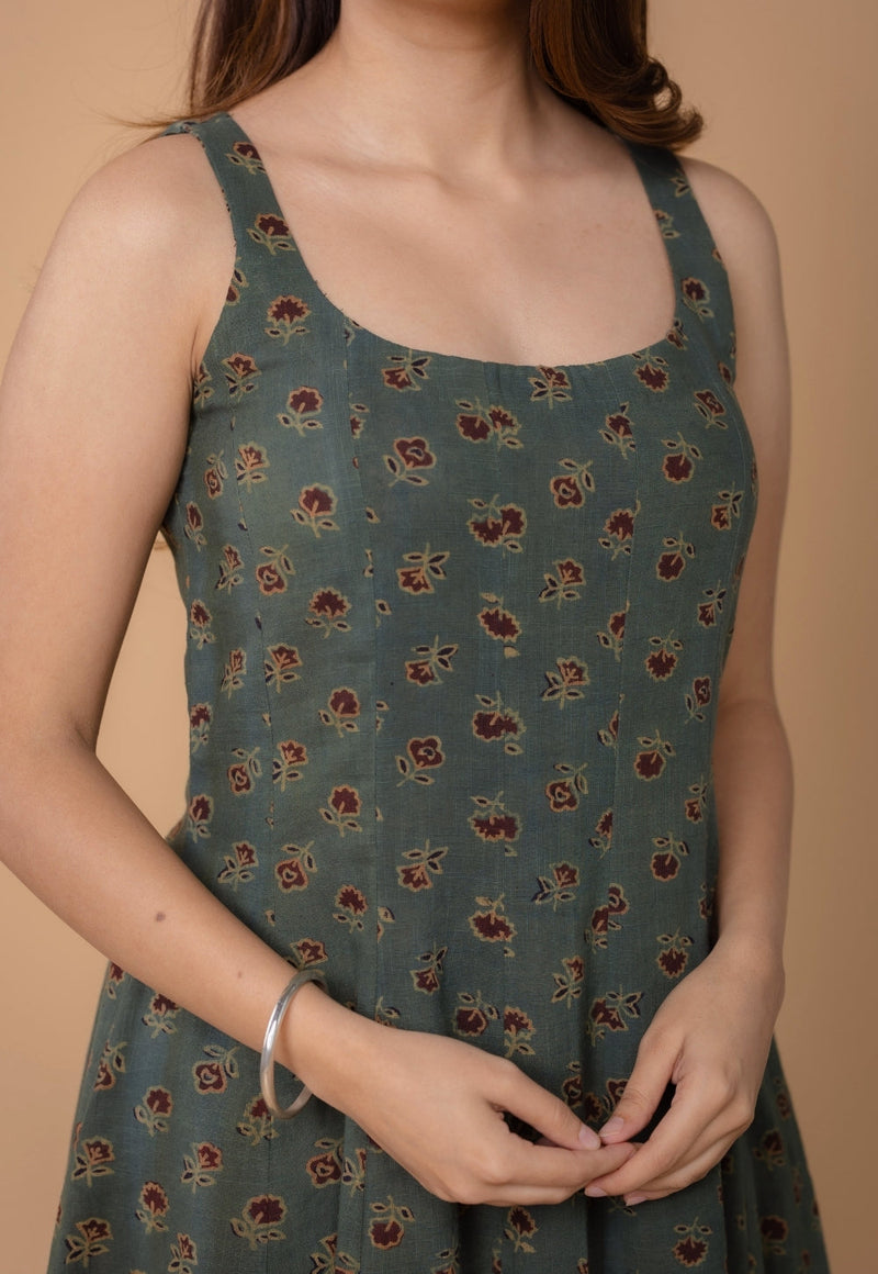 Jisha Green Dabu Slub Cotton A Line Dress