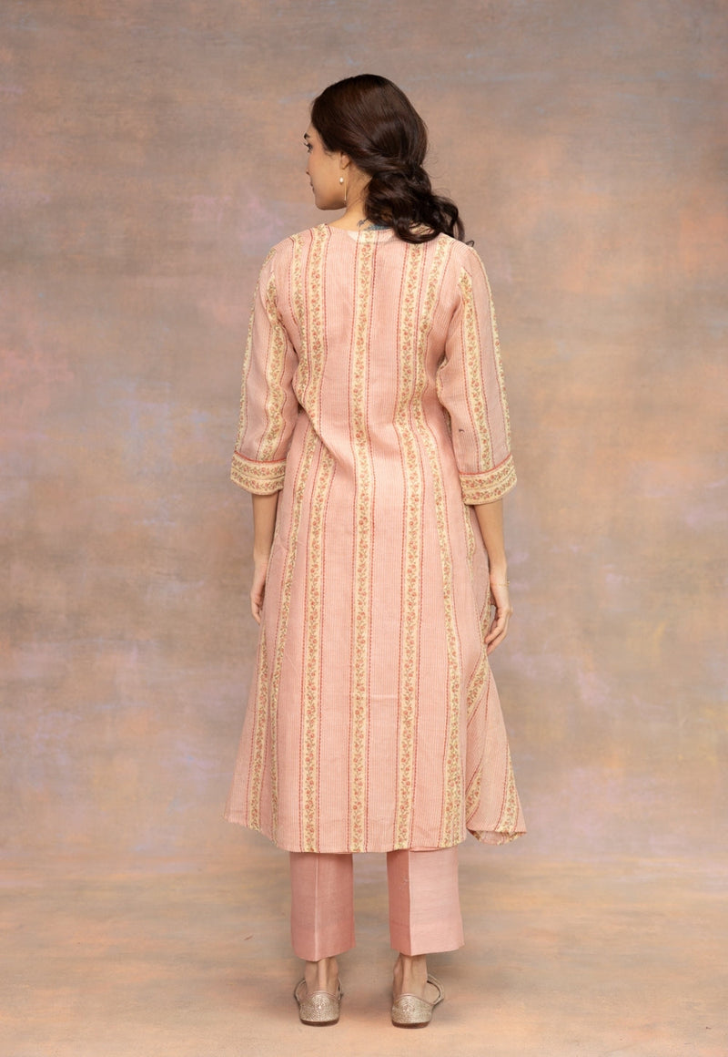 Rozhira Pink Sanganeri Chanderi Silk A Line Kurta with Lace Detailing