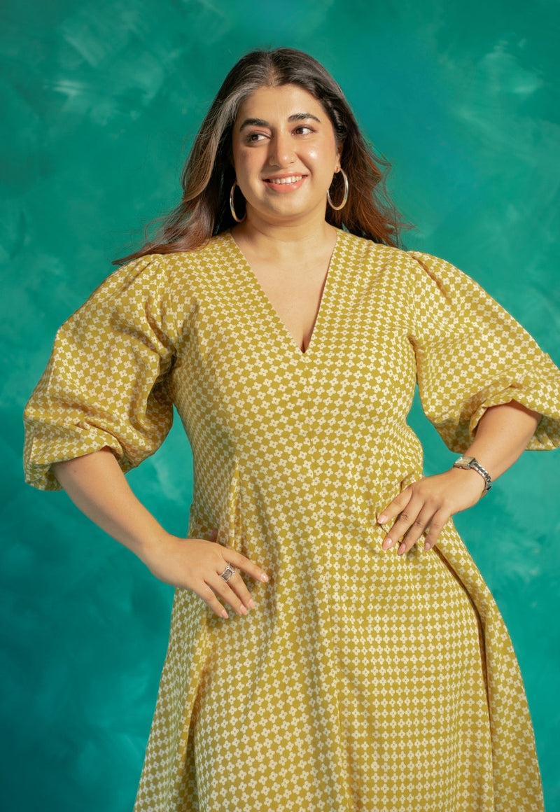 Eyza Yellow Bagru Cotton A Line Dress
