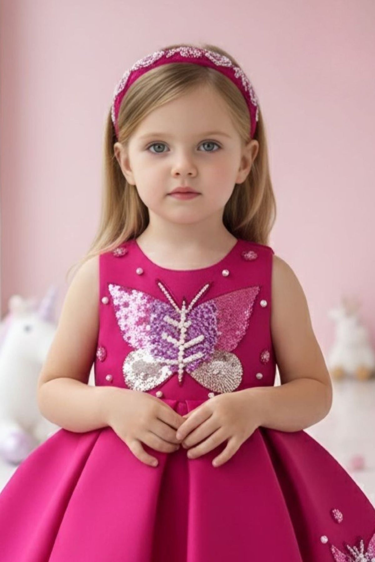 Baby Girls Rani Pink Butterfly Sequin Appliqué Party Wear Frock