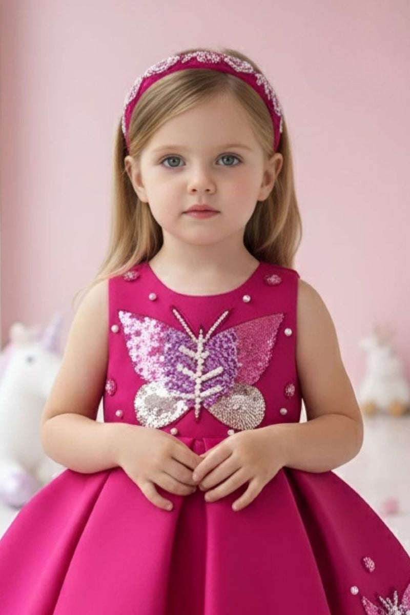 Baby Girls Rani Pink Butterfly Sequin Appliqué Party Wear Frock