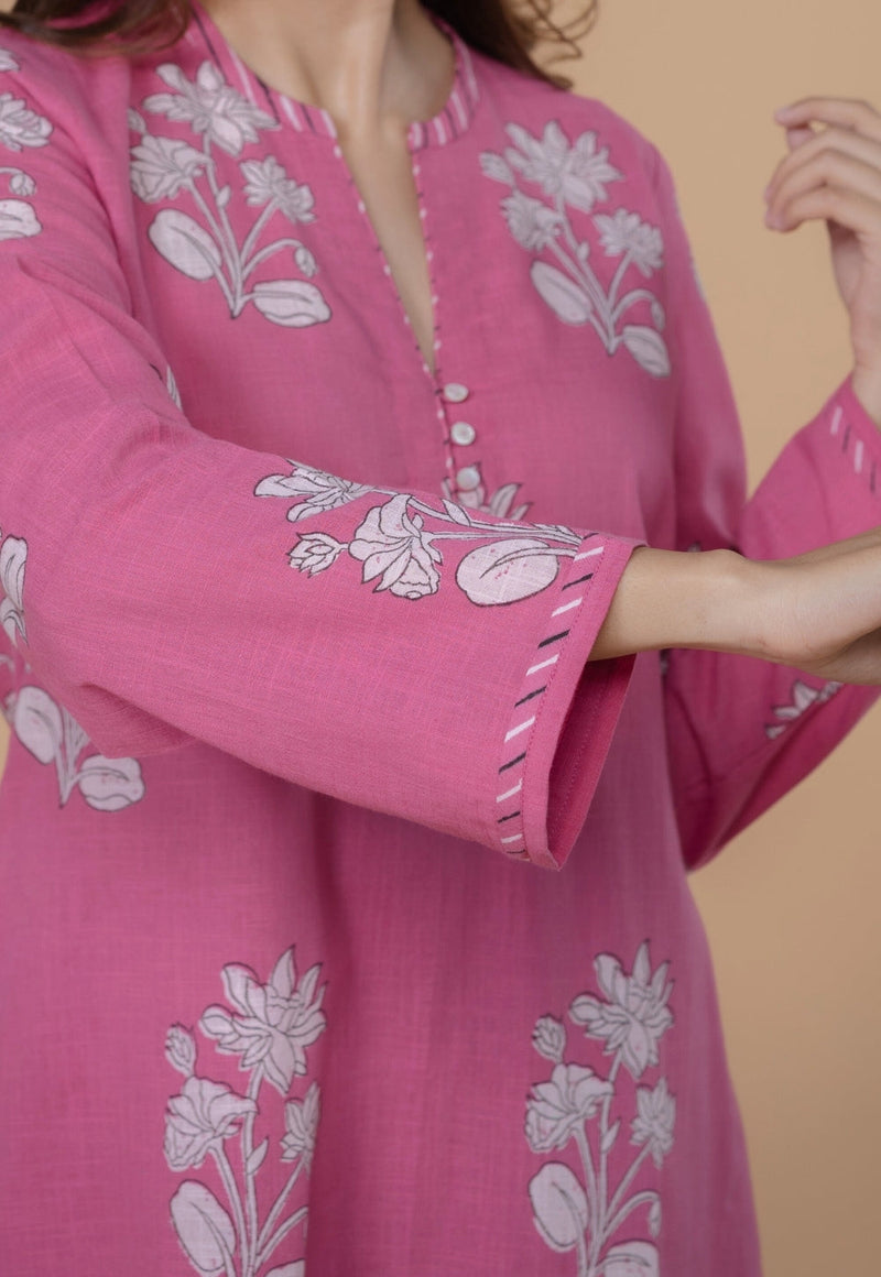 Eshika Pink Dabu Slub Cotton A Line Kurta