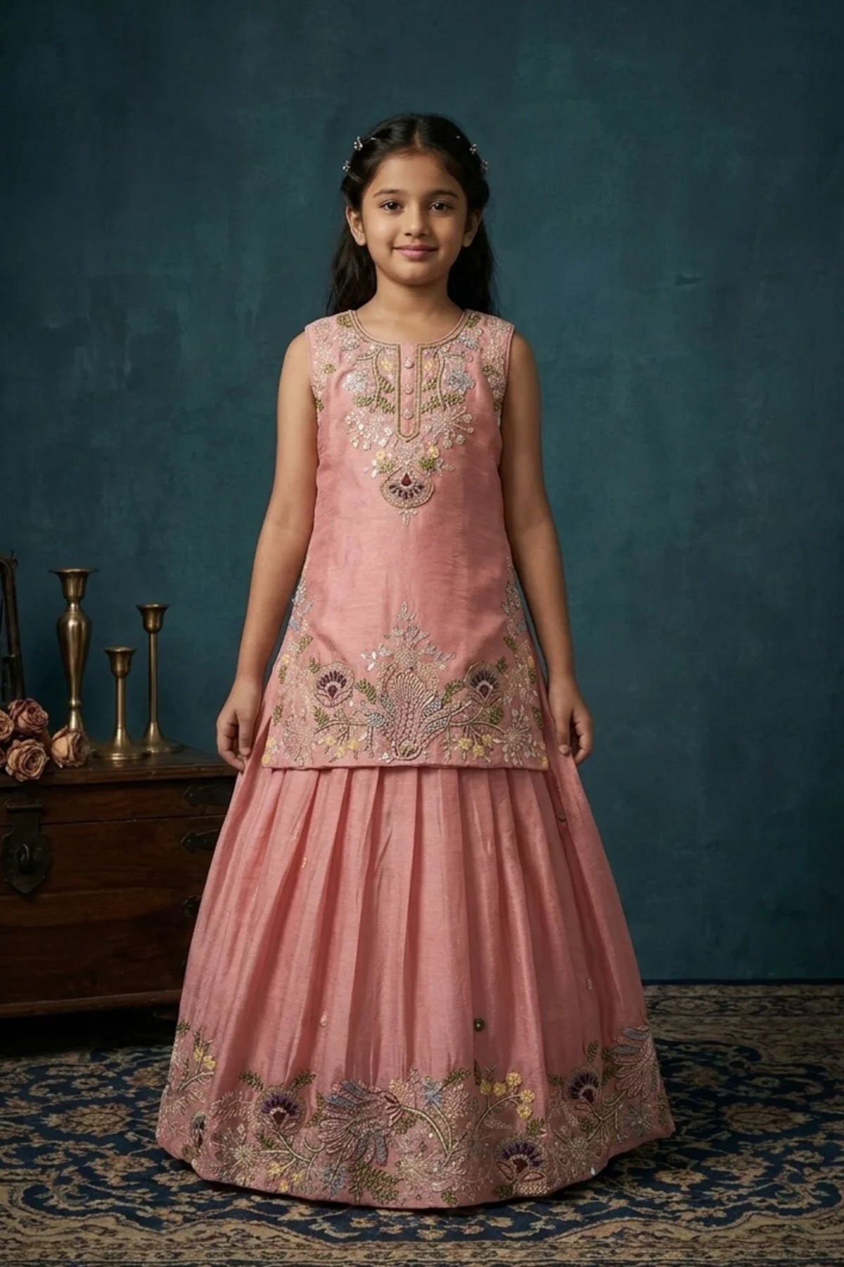 Girls Dusty Pink Embroidered Top with Flared Lehenga Set
