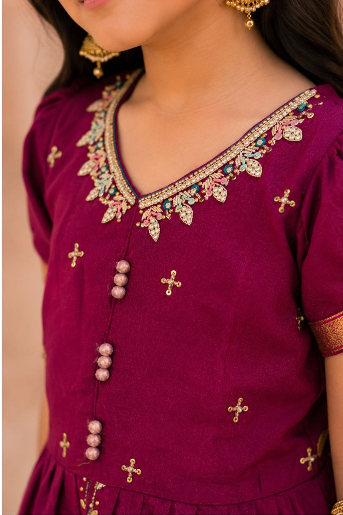 Wine Embroidered Pattu Pavadai Set with Zari Work For Girls