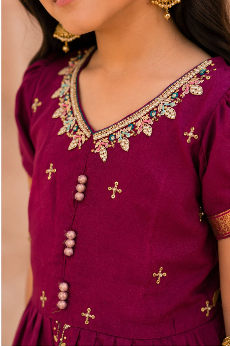 Wine Embroidered Pattu Pavadai Set with Zari Work For Girls