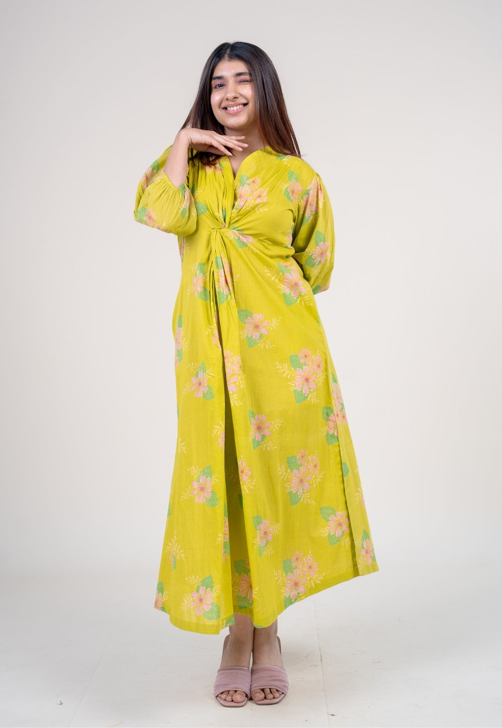 Payal Lime Green Printed Mul A Line Dress with Slip