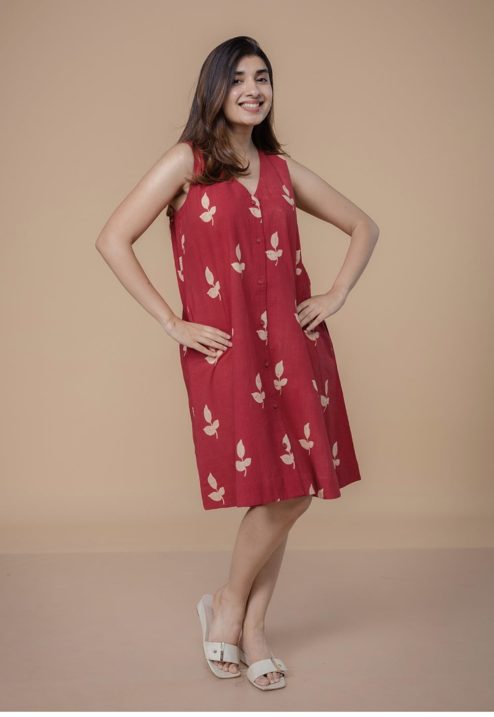 Siaa Red Dabu Slub Cotton A Line Dress