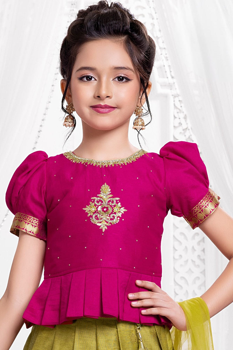 Olive Green And Rani Pink Traditional Pattu Pavadai Set with Dupatta for Girls