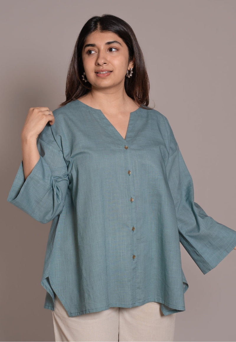 Light Blue Solid Slub Cotton Straight Short Top - DyeVerse