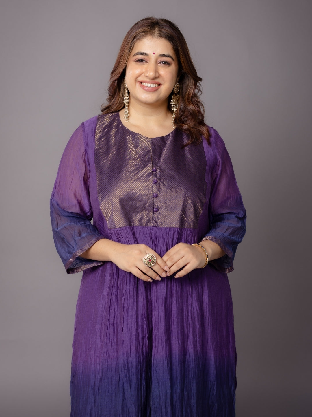 Indu Purple Ombre Chanderi Silk A Line Kurta with Hand Embroidery