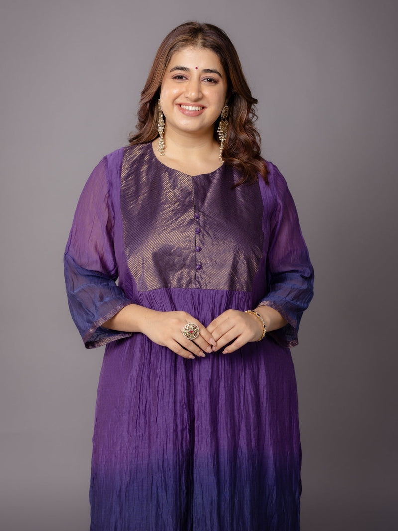 Indu Purple Ombre Chanderi Silk A Line Kurta with Hand Embroidery