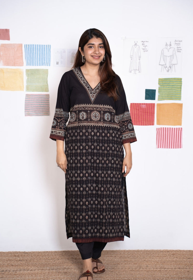 Elisha Black Ajrakh Cotton Straight Kurta