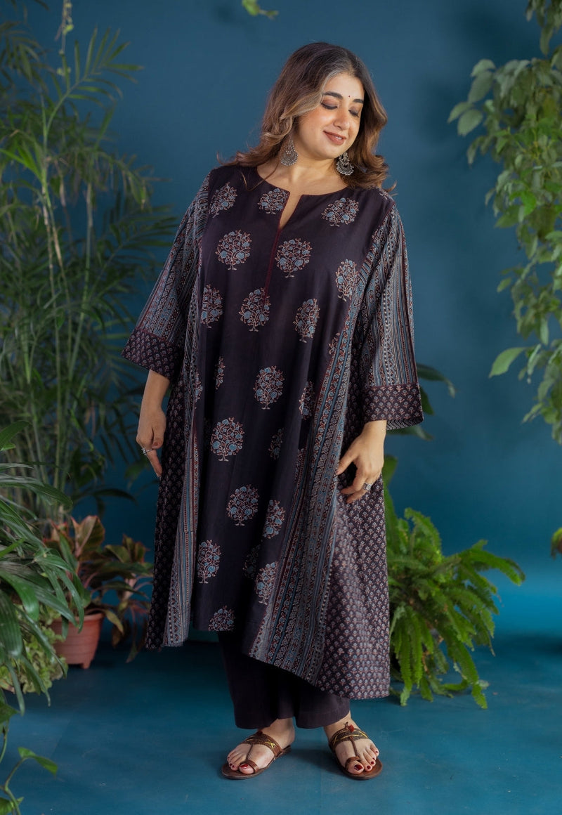 Garima Black Ajrakh Cotton Jhabbha Kali Kurta with Hand Embroidery