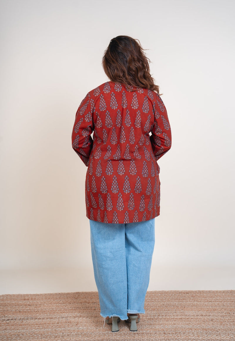 Sahar Red Ajrakh Cotton Straight Short Top