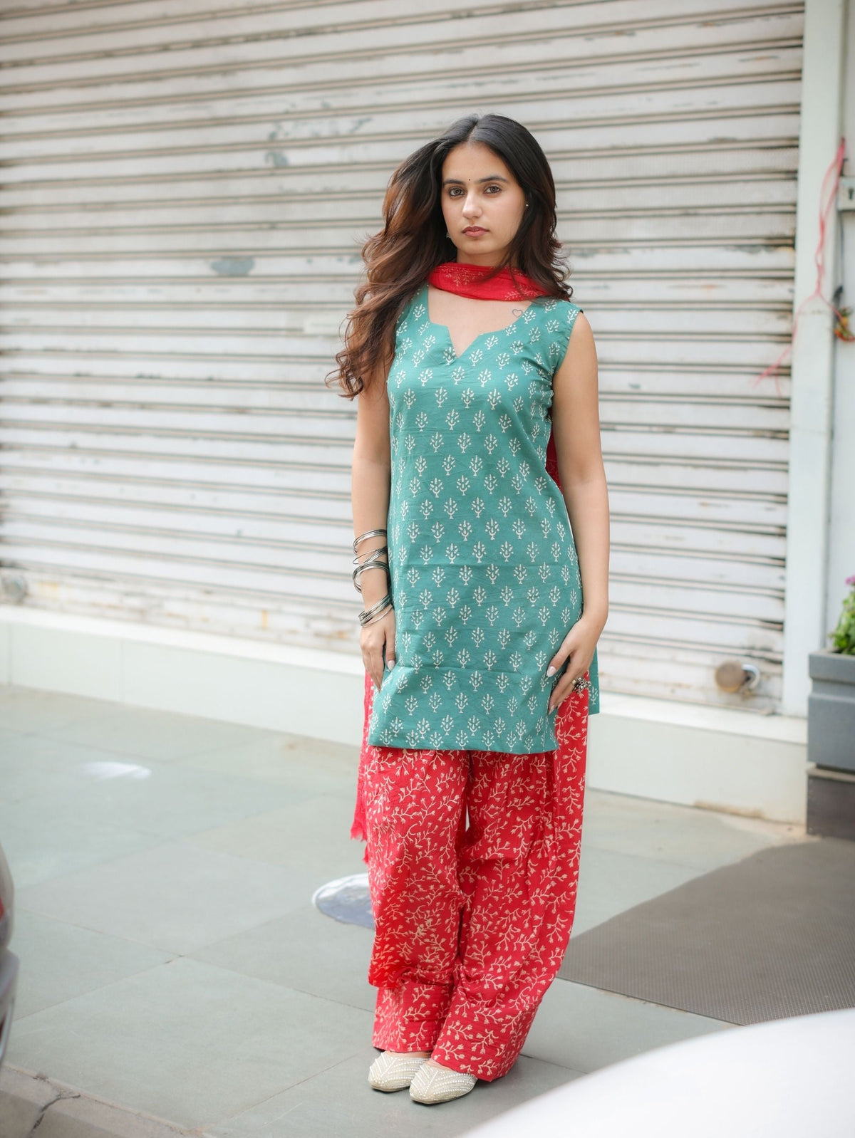 Ruby Sage Green & Red Farshi Salwar Set with cotton Dupatta