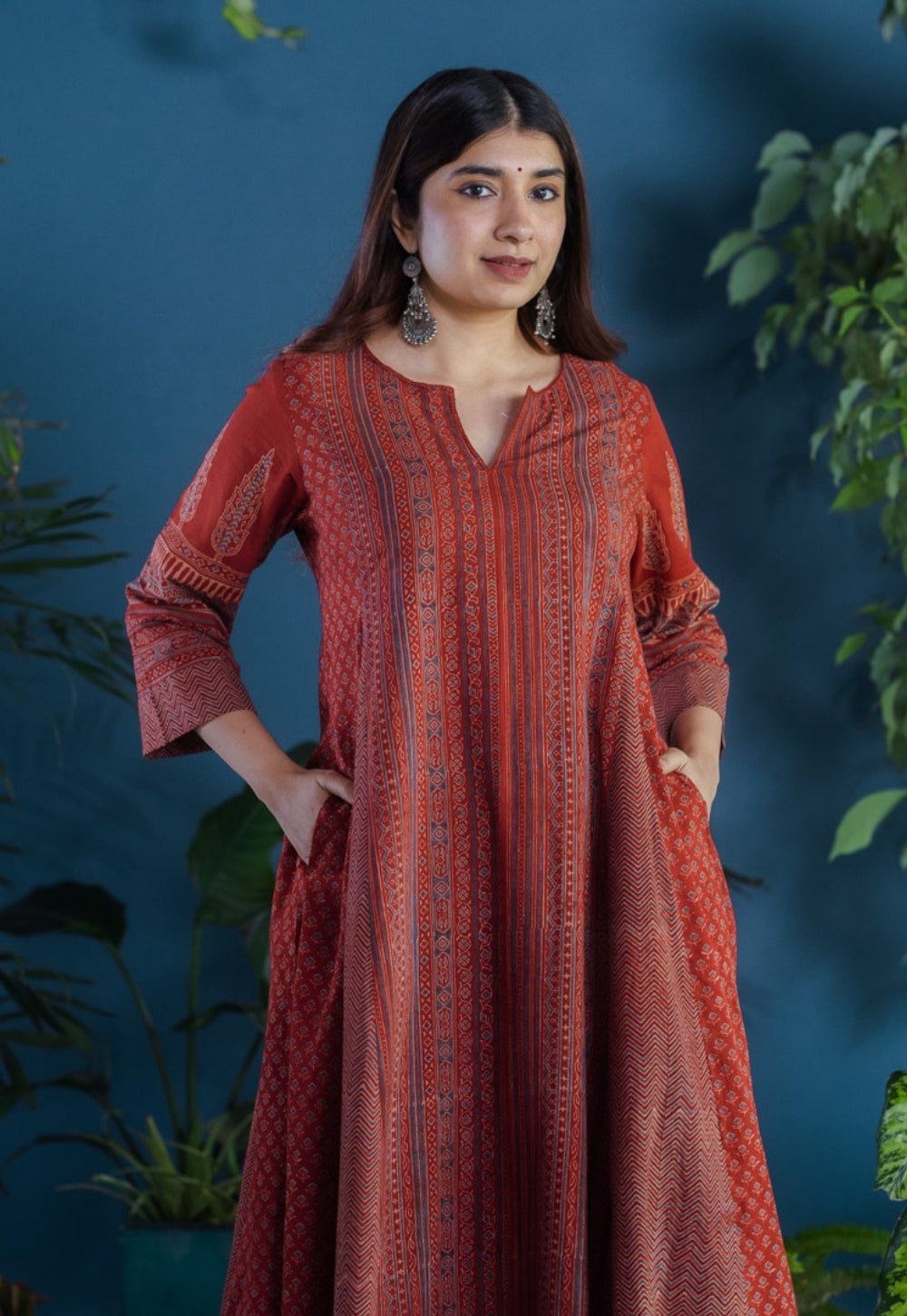 Pranika Red Ajrakh Cotton Kali Kurta with Hand Embroidery