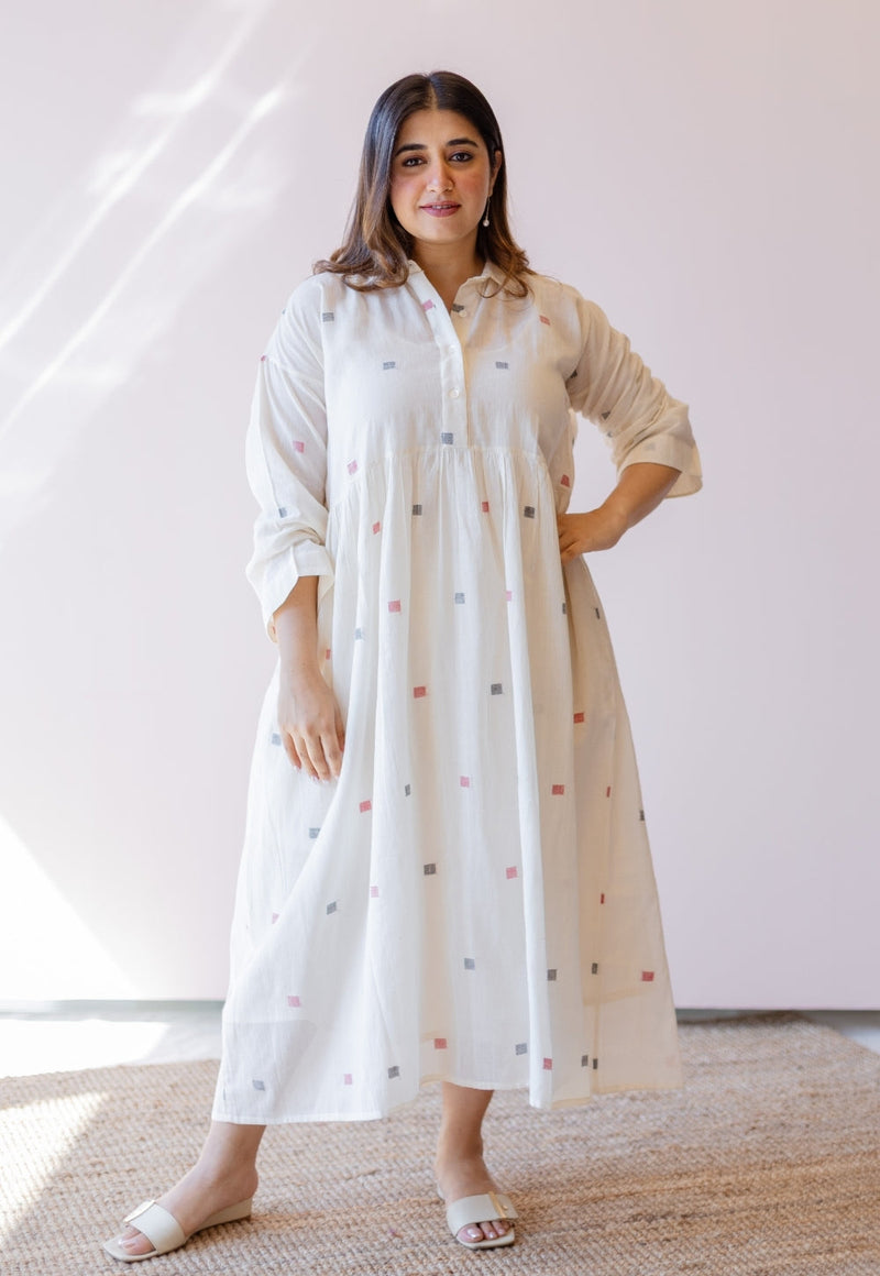 Rhea Off White Jamdani Handloom Cotton A Line Dress