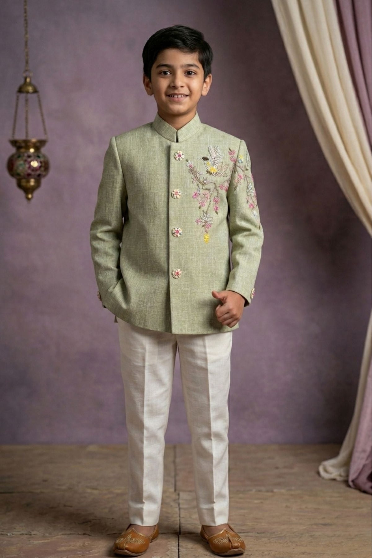 Pista Green Jodhpuri Suit With Bird Embroidery And Floral Detailing For Boys
