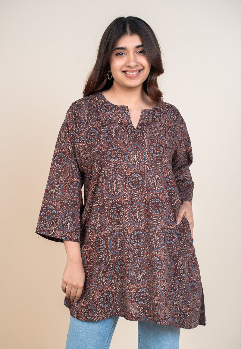 Aayra Red Ajrakh Cotton A Line Short Top