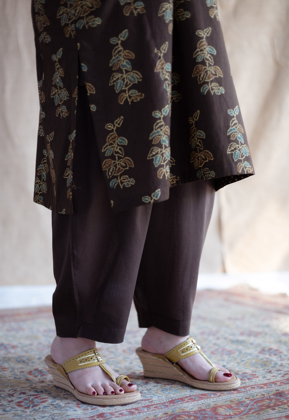 Saisha Brown Ajrakh Cotton Jhabbha Kali Kurta with Hand Embroidery
