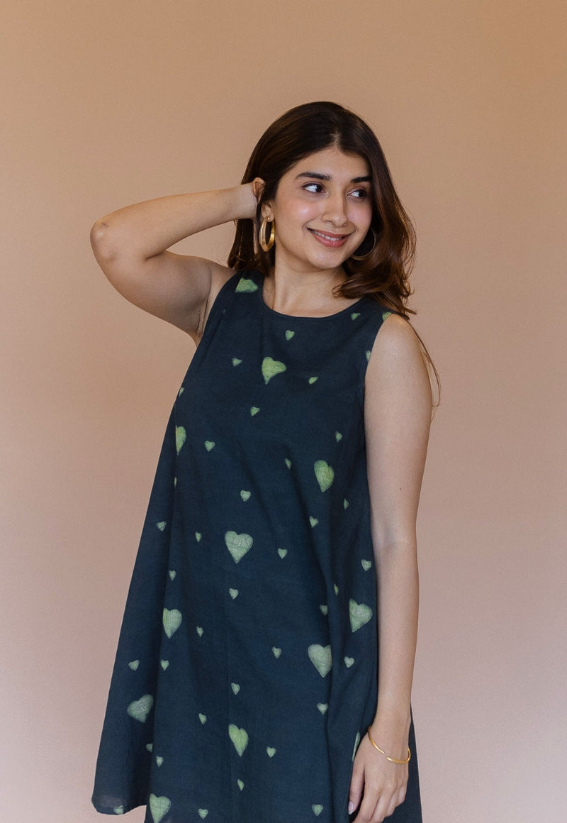 Inam Green Dabu Cotton A Line Dress
