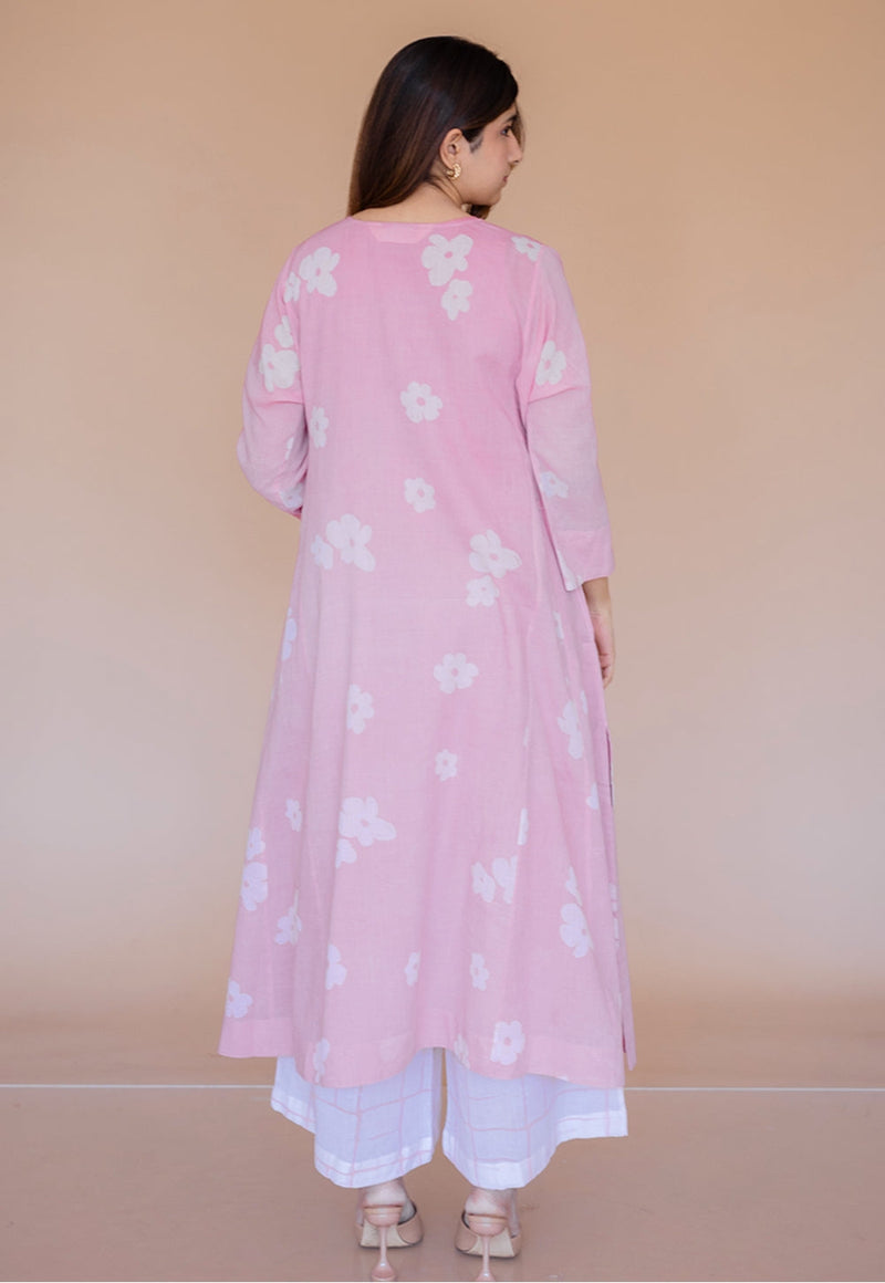 Alizah Pink Batik MulMul Jhabbha Kali Kurta with Slip