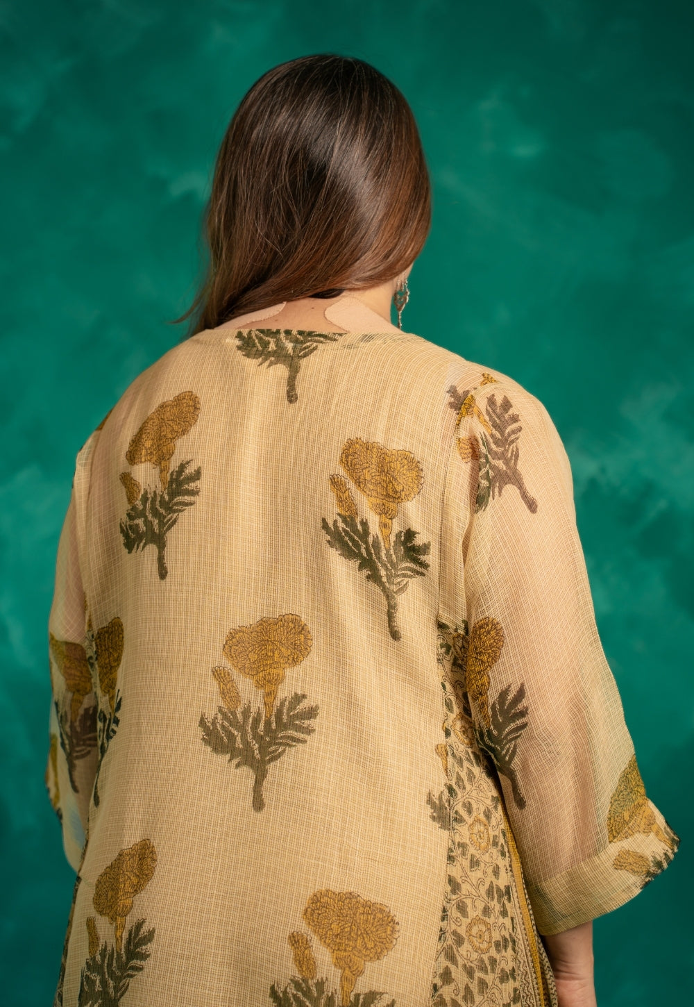 Nyra Beige Bagru Kota Doria Cotton Jhabbha Kali Kurta with Slip