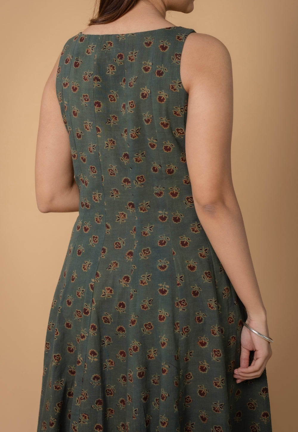 Jisha Green Dabu Slub Cotton A Line Dress