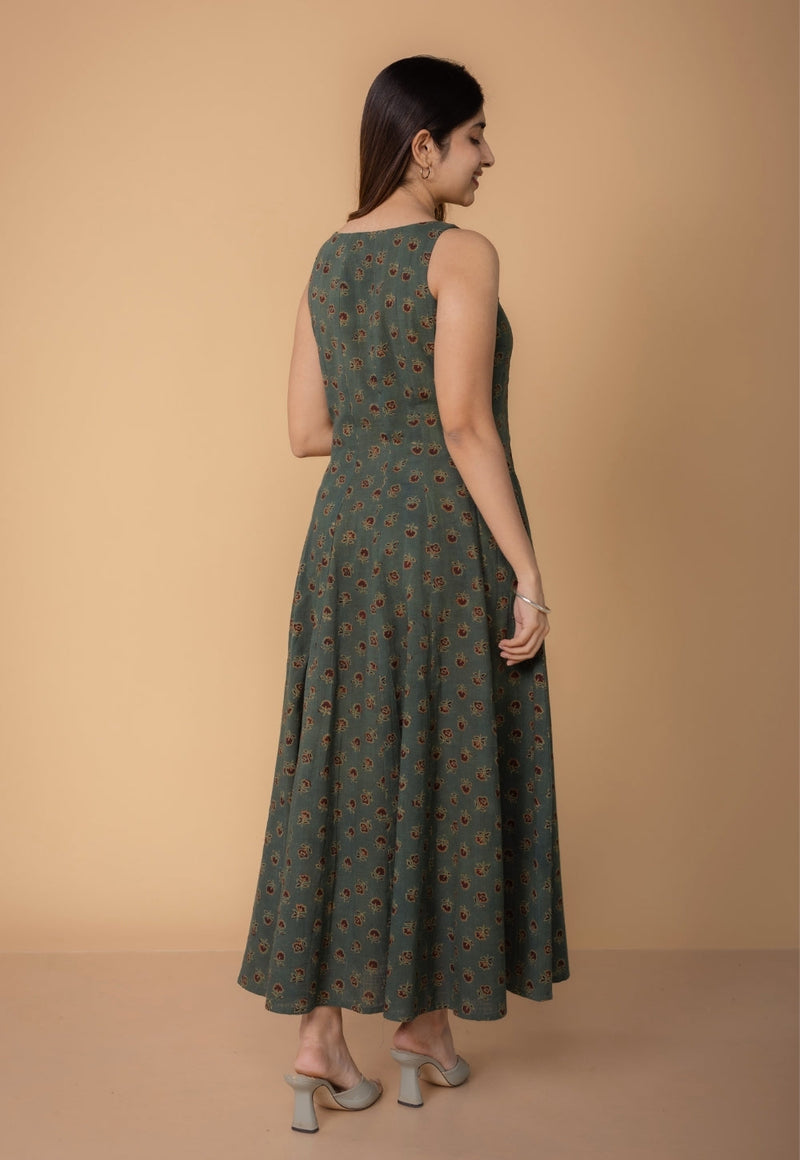 Jisha Green Dabu Slub Cotton A Line Dress
