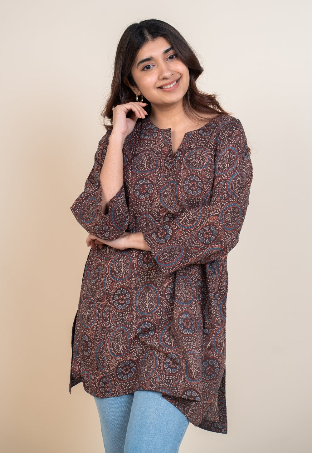 Aayra Red Ajrakh Cotton A Line Short Top