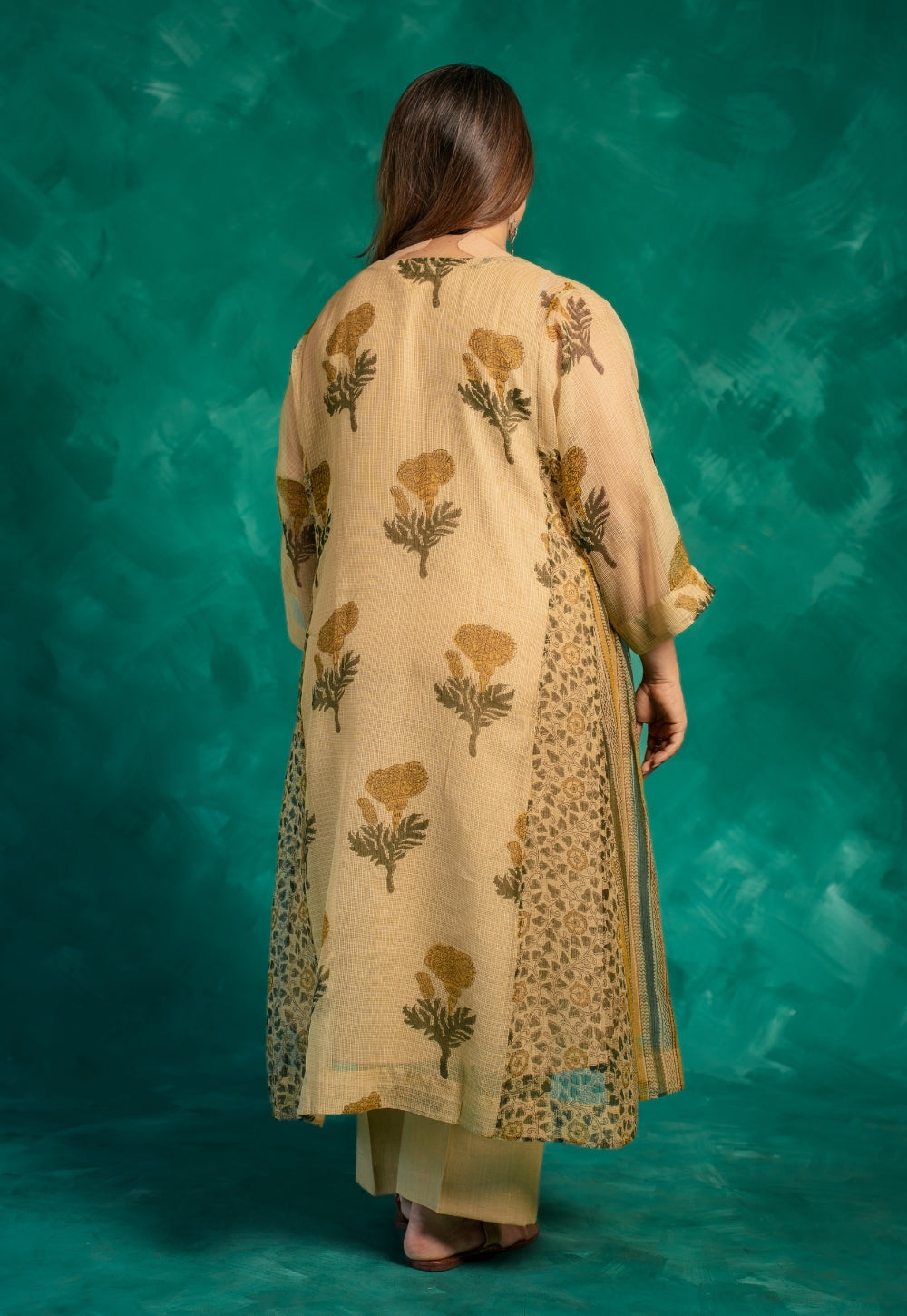 Nyra Beige Bagru Kota Doria Cotton Jhabbha Kali Kurta with Slip