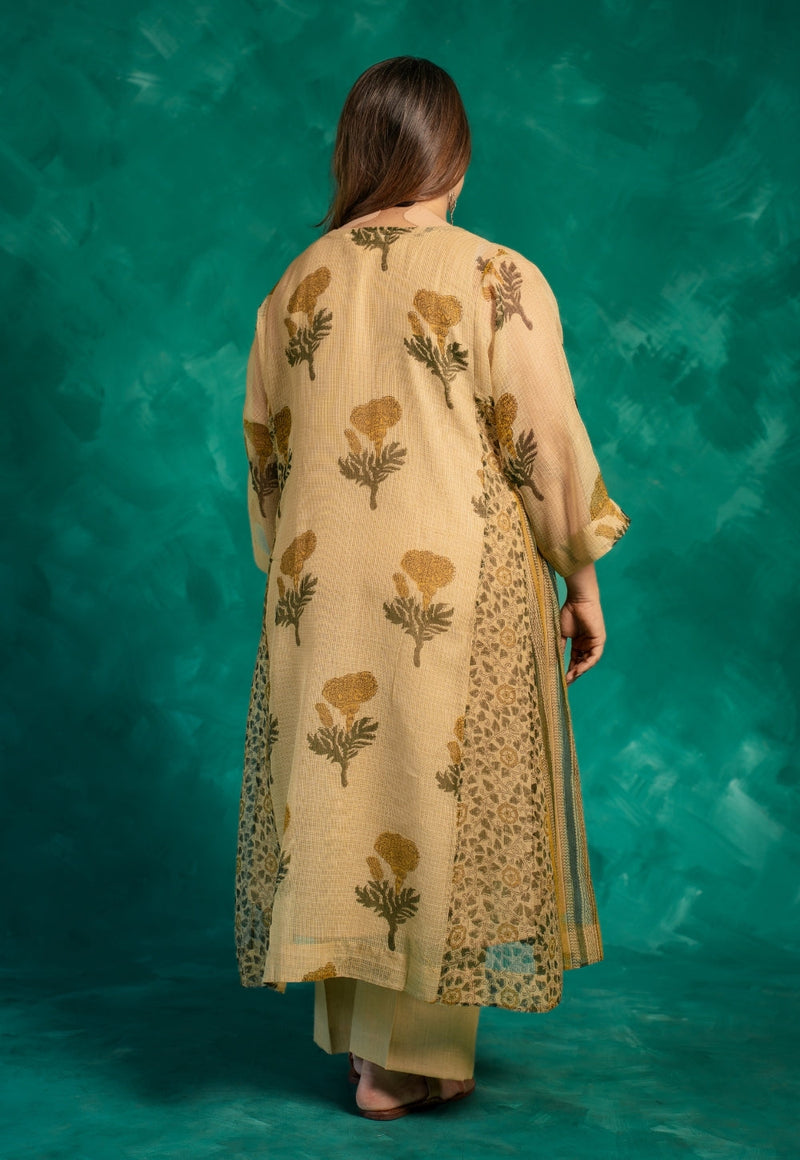 Nyra Beige Bagru Kota Doria Cotton Jhabbha Kali Kurta with Slip