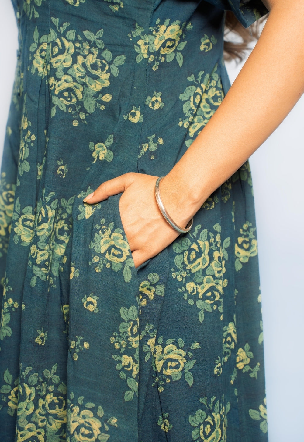 Reema Teal Blue Dabu Mul Cotton A Line Dress