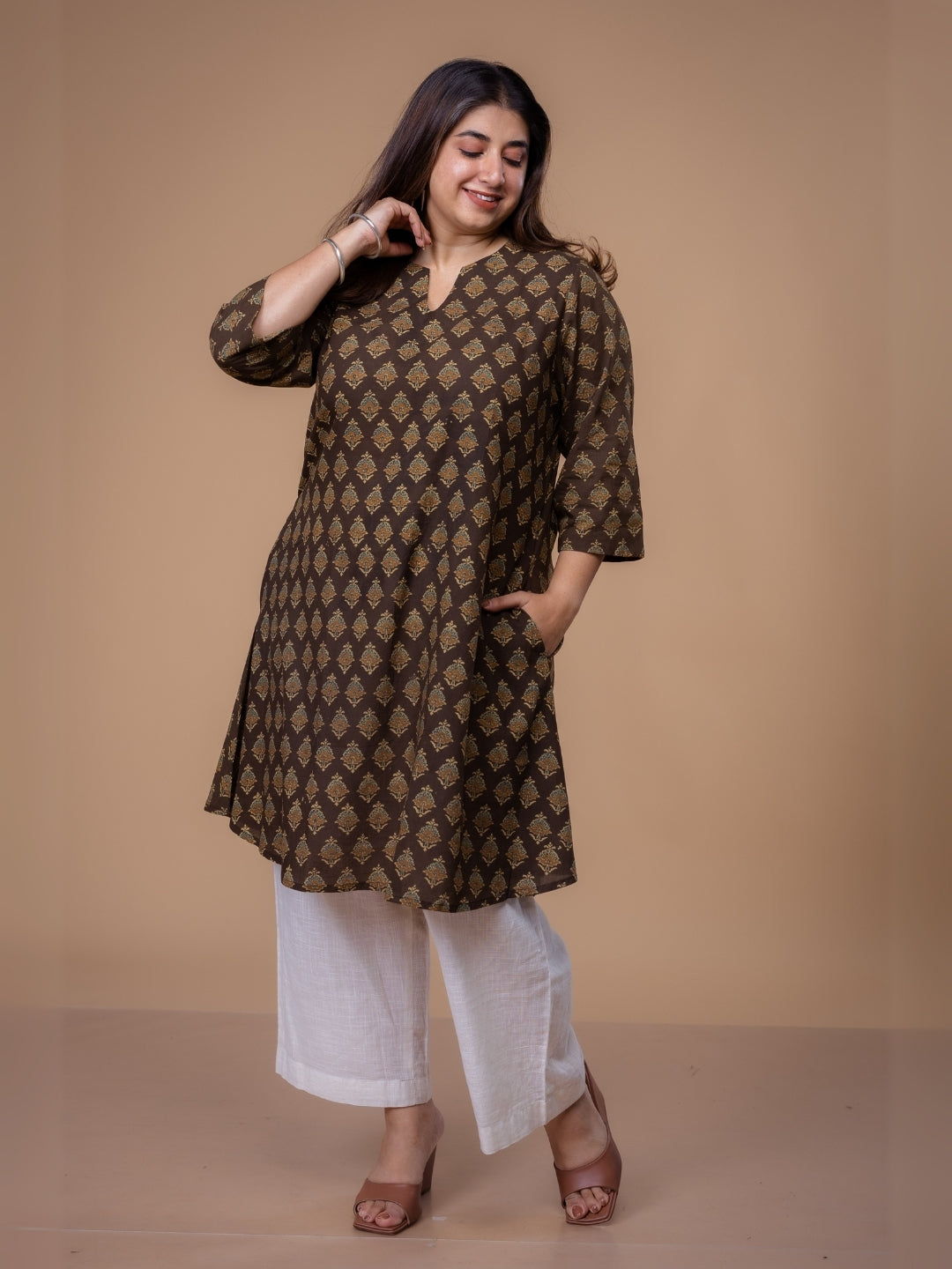Daksha Brown Ajrakh Cotton A Line Kurta