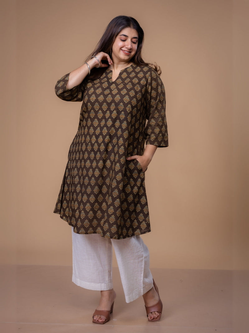 Daksha Brown Ajrakh Cotton A Line Kurta