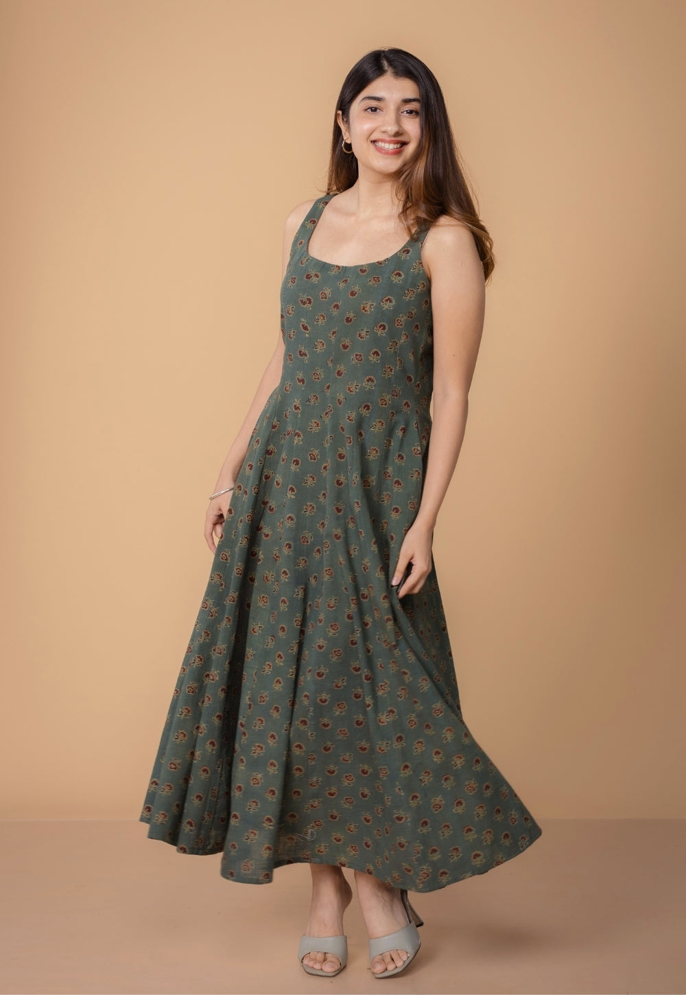 Jisha Green Dabu Slub Cotton A Line Dress